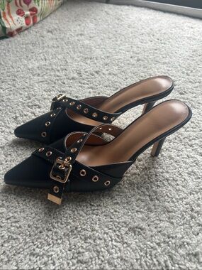 Black Pointed Toe Mule Heels with Gold Buckle Detail